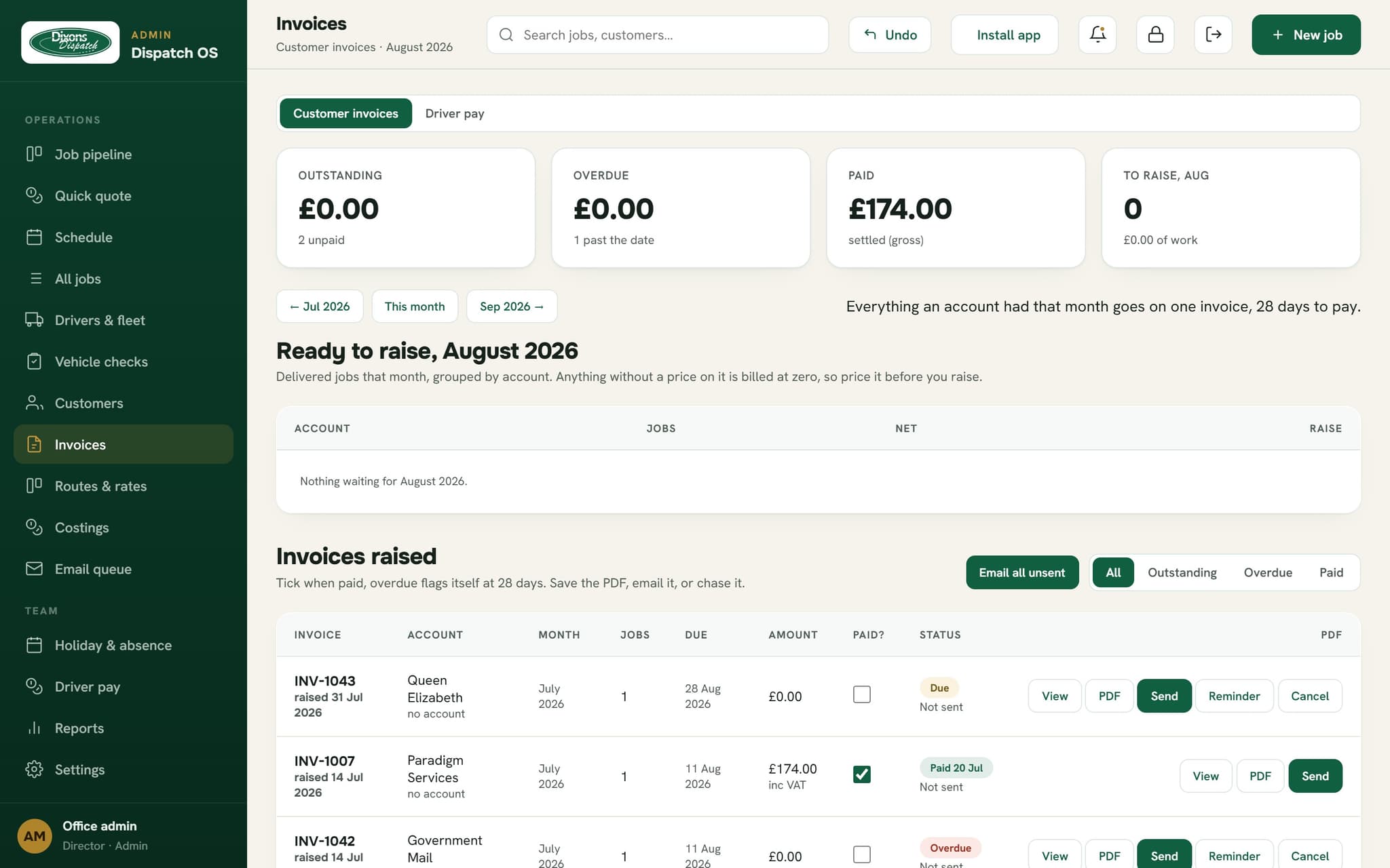 Dixons Dispatch: Month end in a few clicks. One branded invoice per customer, one statement per driver, emailed with the PDF on.