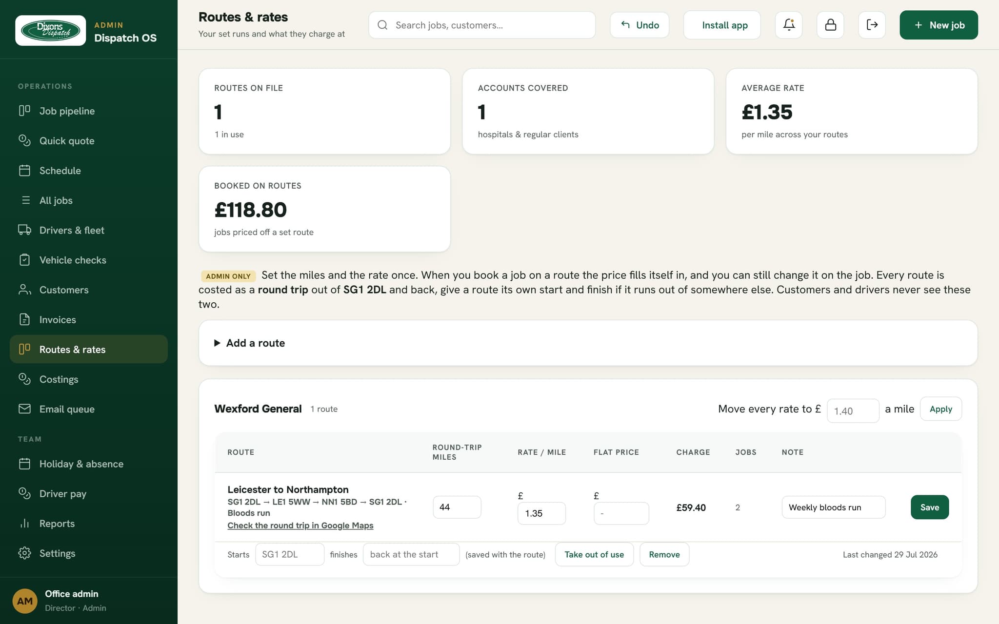 Dixons Dispatch: Two postcodes give the real round-trip mileage, plus any Congestion Charge, ULEZ or toll on that route.