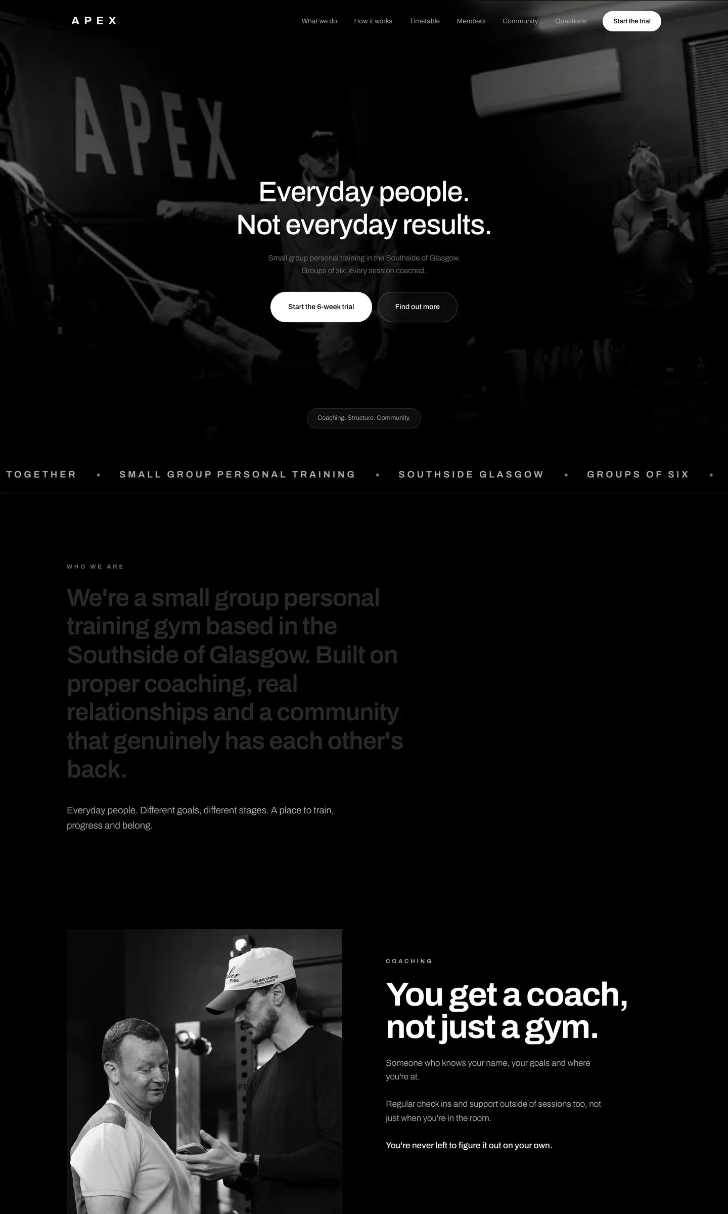 Apex Gym Glasgow, a recent AW Media build, scrolling through a browser frame.