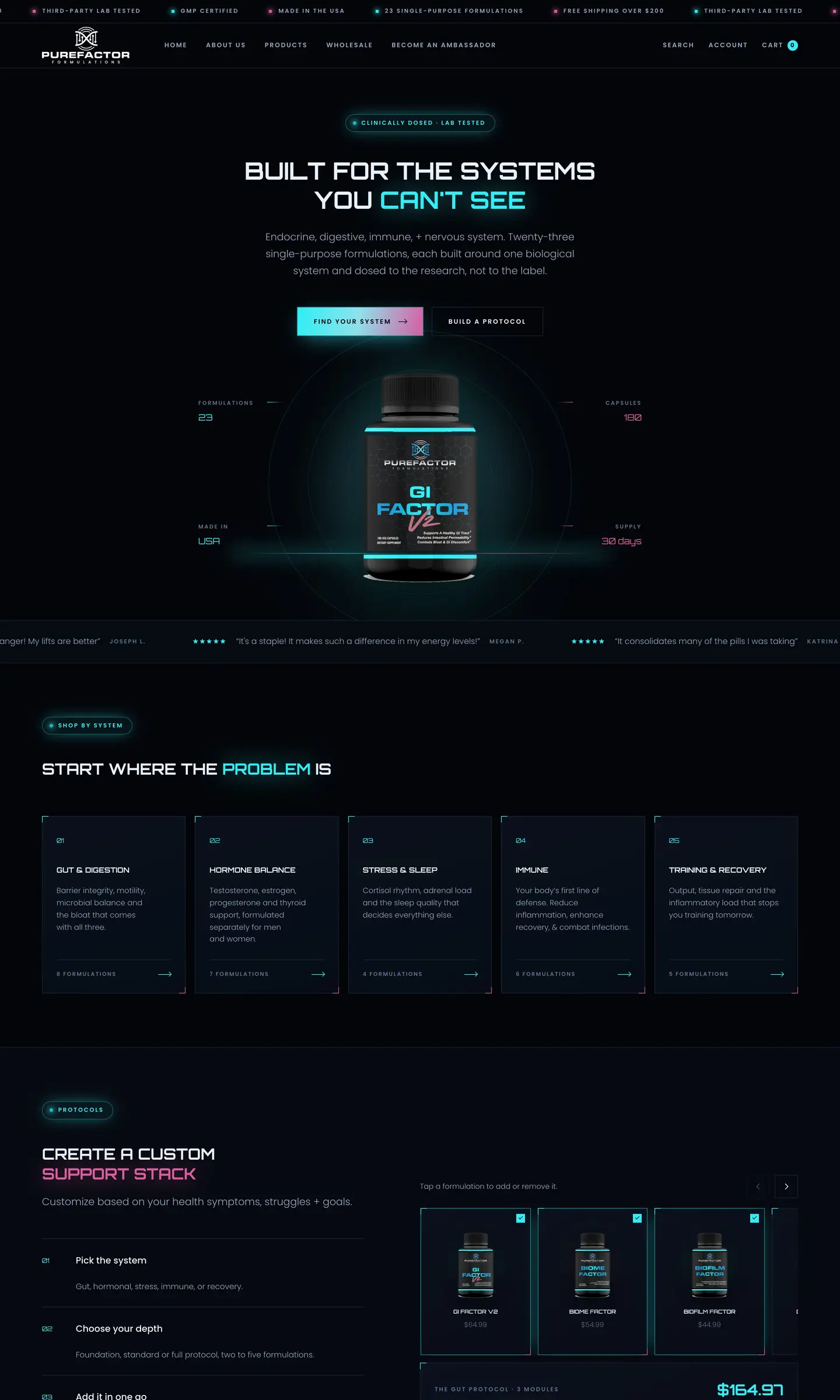 Purefactor Formulations, recent AW Media work, scrolling through a browser frame.