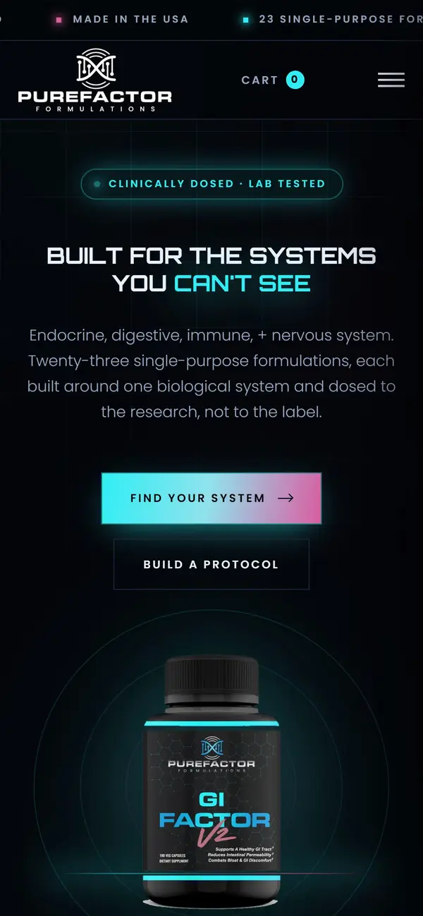 Purefactor Formulations website on a phone, recent AW Media work.