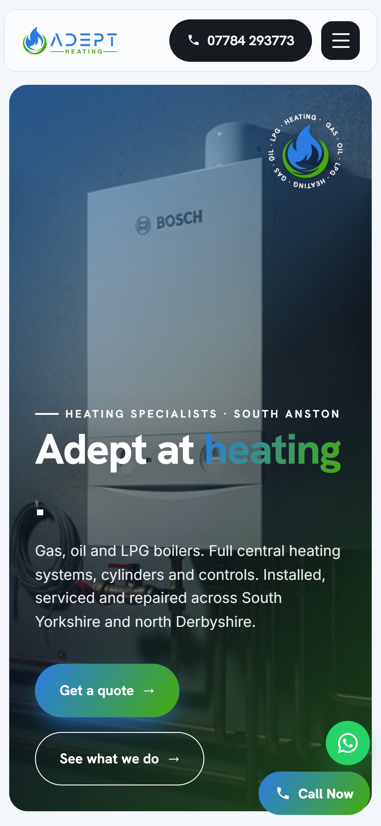 Adept Heating website on a phone