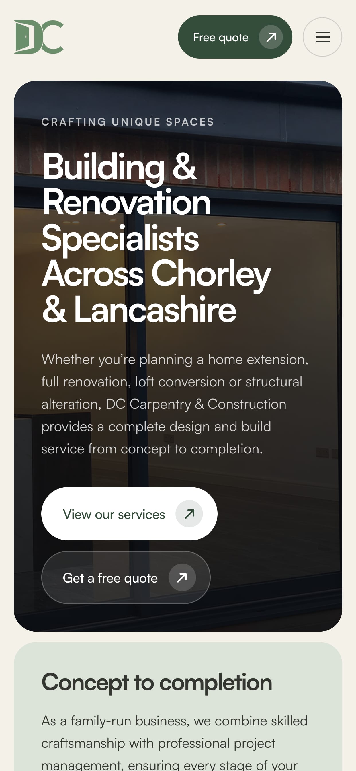 DC Carpentry & Construction website on a phone