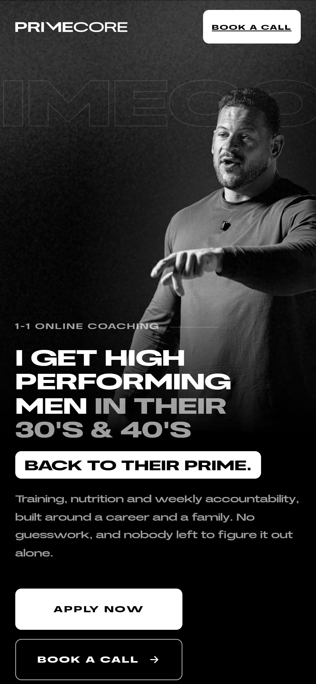 PrimeCore Coaching website on a phone