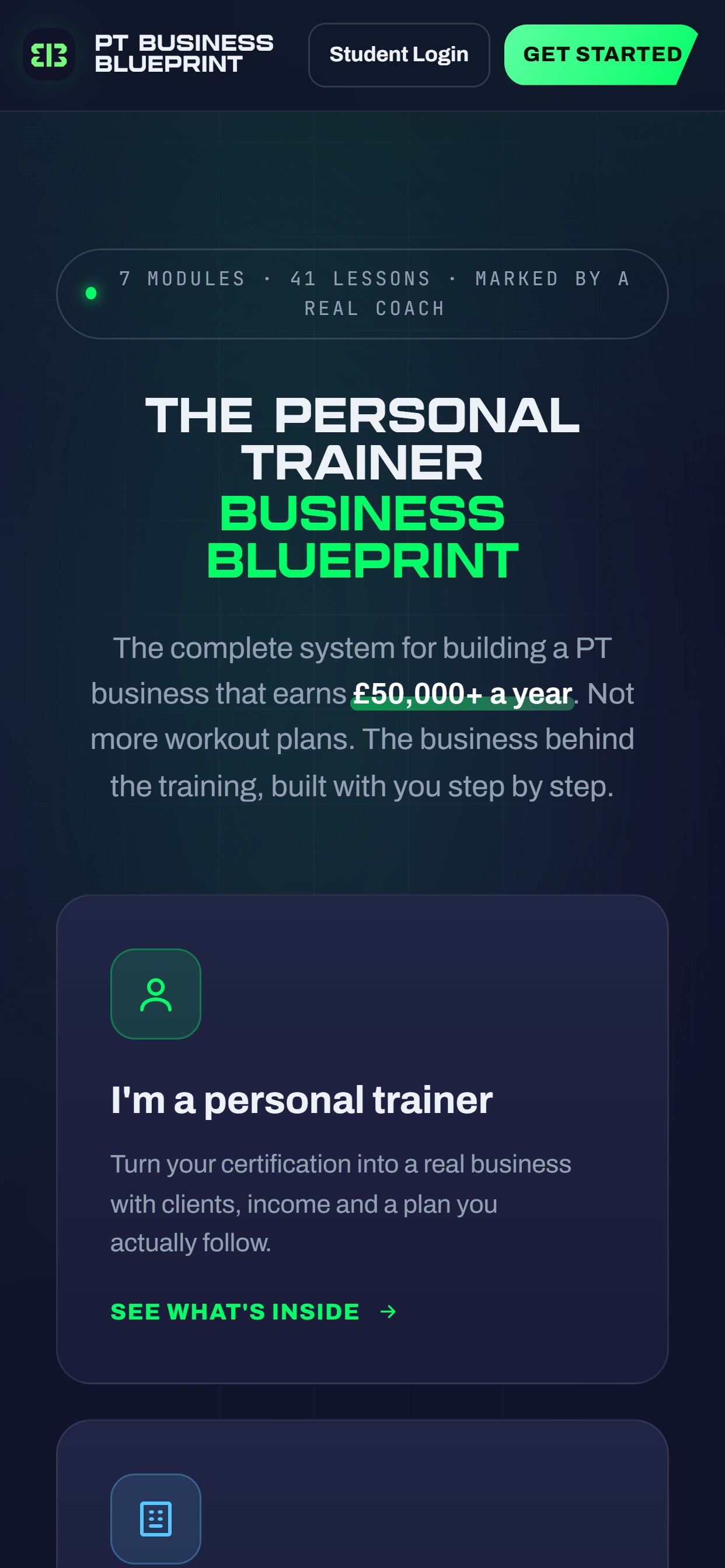 The PT Business Blueprint website on a phone