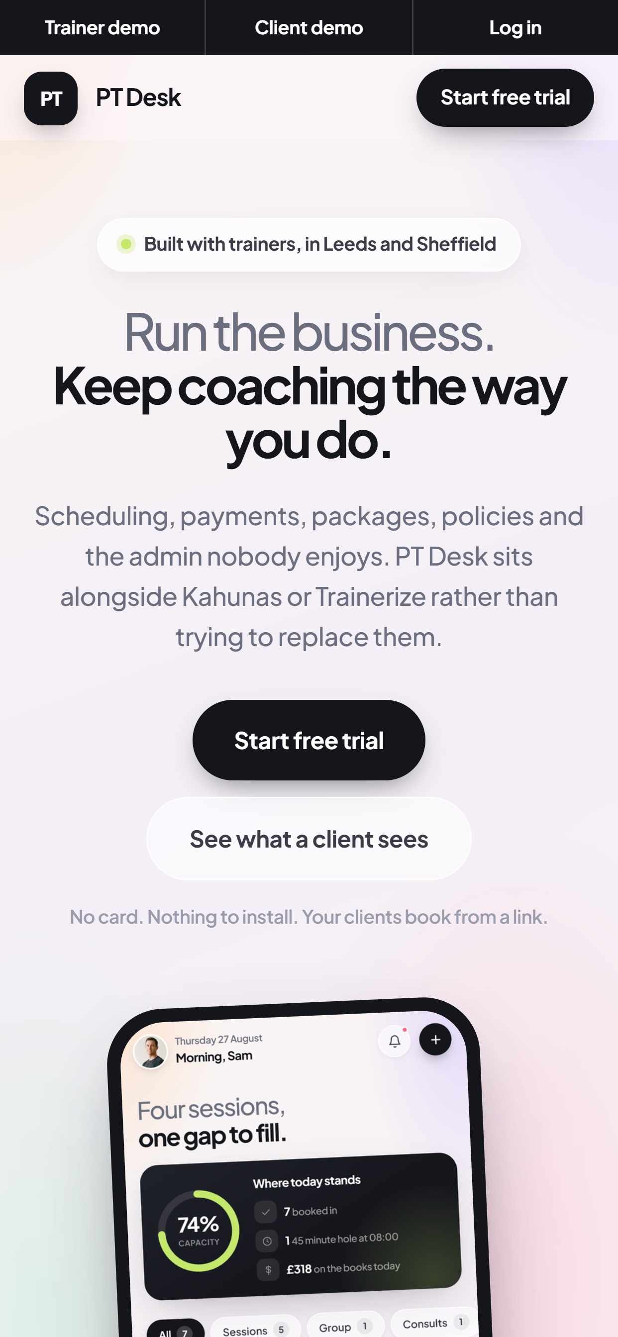 PT Desk website on a phone