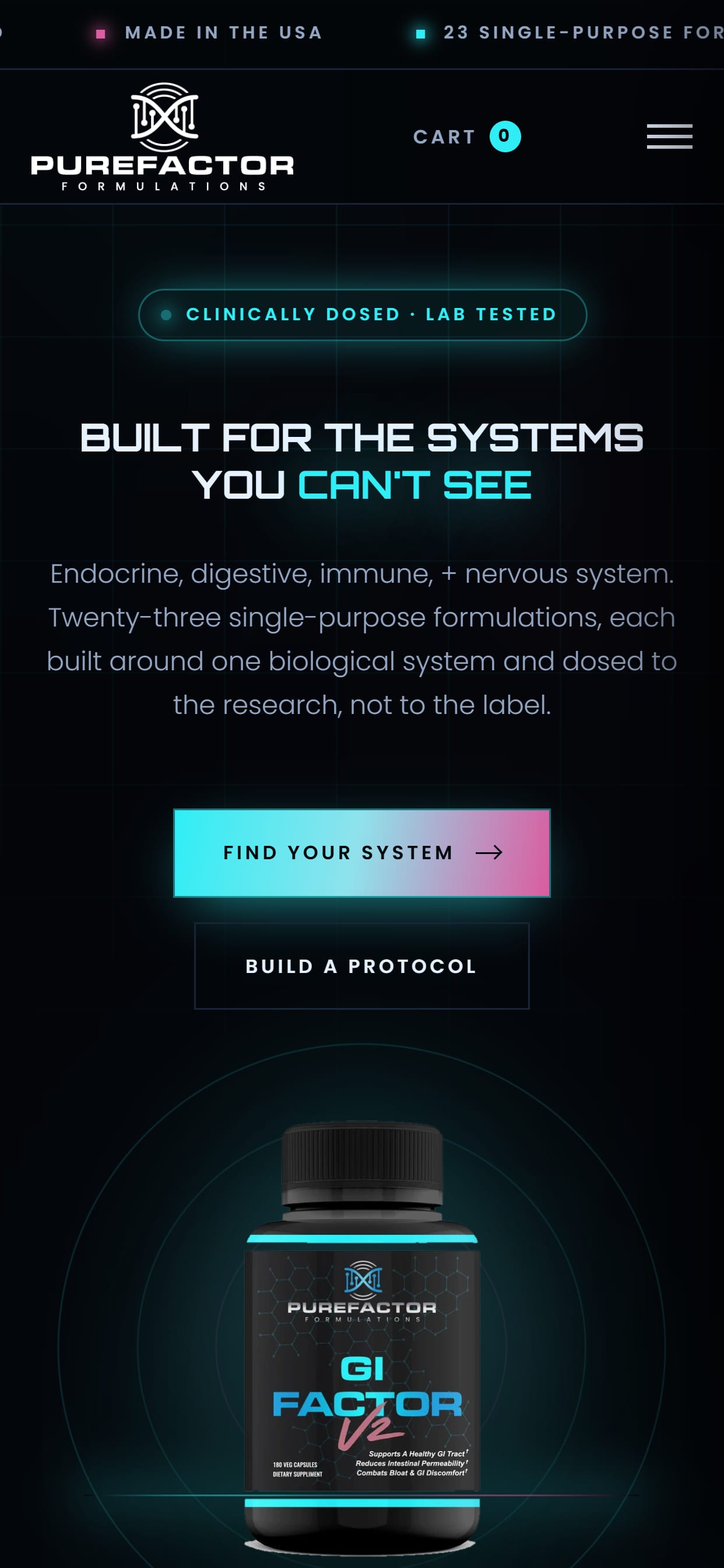 Purefactor Formulations website on a phone