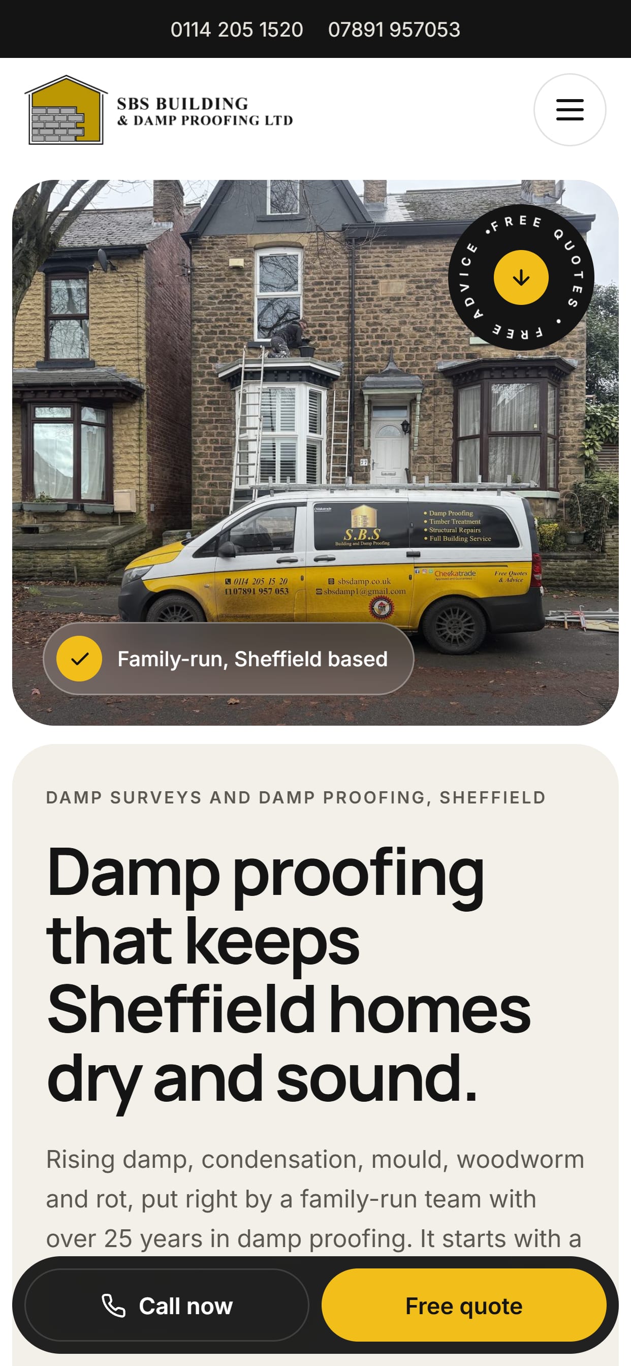 SBS Building & Damp Proofing website on a phone