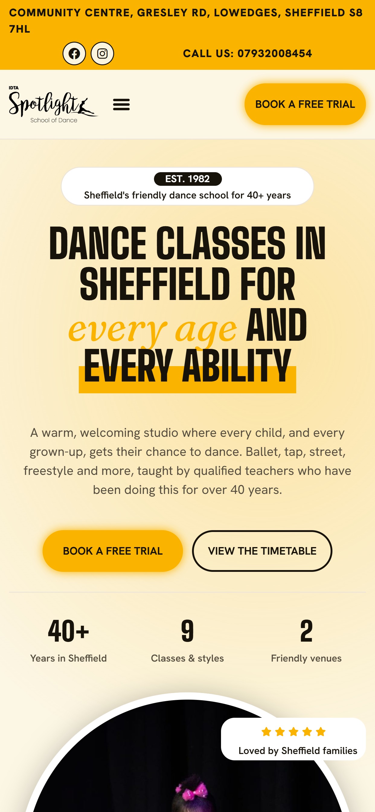 Spotlight School of Dance website on a phone